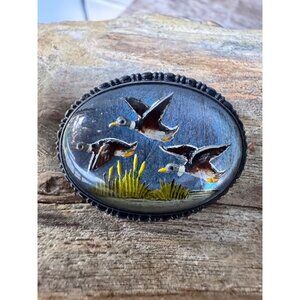 Vintage Reverse Painted Domed Glass Duck Brooch Essex Style Waterfowl Cattails